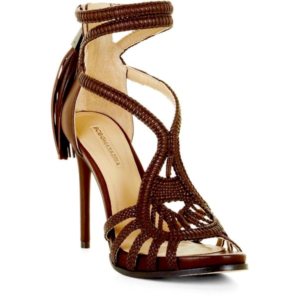 BCBG MAX AZRIA ESH Black WOVEN LEATHER HIGH HEEL STRAPPY DESIGNER SANDALS NEW